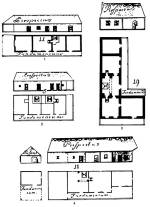 60. bra. Uradalmi pletek rajzai 1774-bl Somogy vrmegybl: 1. Glle, mszroshz tmsfallal; 2. Attala, hajdhz; 3. Mernye, rendshz bolttal; 4. svnyfallal plt mszroshz Mernyn