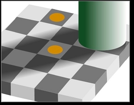 Példa: A két, narancssárga foltot tartalmazó négyzet közül melyik a sötétebb?
